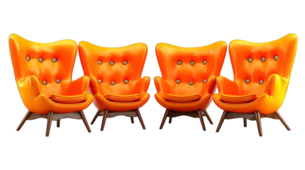 Four glossy, orange, buttoned armchairs in symmetrical row