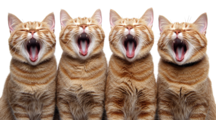 Four ginger tabby cats yawning in unison