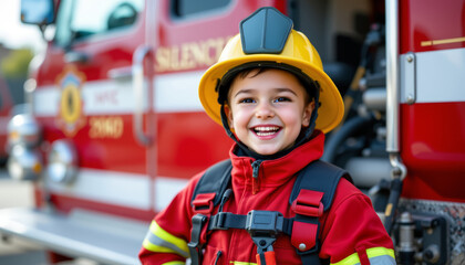 Happy child wearing firefighter uniform and helmet standing near fire truck smiling