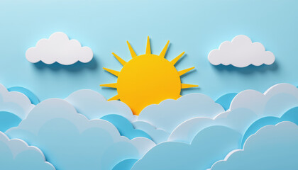 Paper cut sun with bright yellow rays shining above layered white and blue clouds on clear sky background, cheerful and uplifting scene
