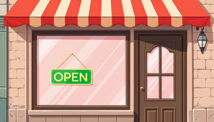 Fototapeta premium Open sign hanging on store window with red and white striped awning and brown door on brick wall exterior