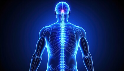 Human Spinal Cord: Digital illustration of the human spinal cord and brain, illuminated in vibrant blue.