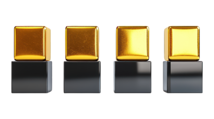 Four shiny golden cubes atop gray blocks