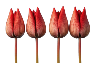 Four red tulips, close-up, side-by-side, dark background