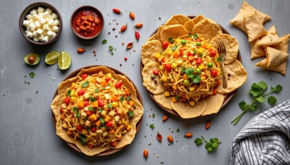 Colorful Vegetable Salad with Tortilla Chips and Dips on Gray Surface