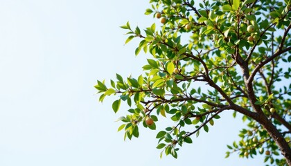 Lush Green Tree Branches with Fresh Fruits Against Clear Blue Sky