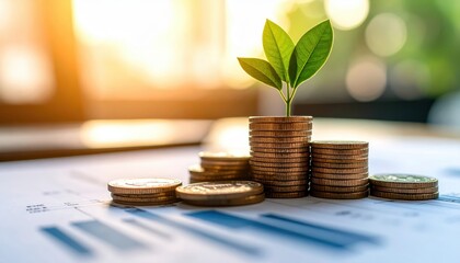 Financial Growth and Investment: A conceptual image showcasing a stack of coins with a flourishing plant sprouting from its peak, symbolizing financial growth and investment with a close-up shot.