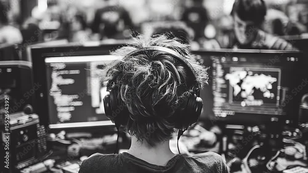 Poster coding enthusiast immersed in code, focused on computer screens, b&w.