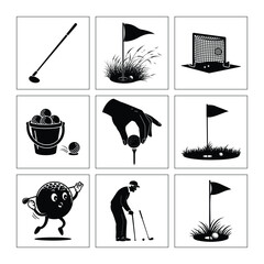 Black And White Golf Icon Set Featuring Golf Clubs,Balls,Golfer And Hole
