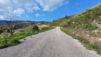 Embark on a peaceful journey along a tranquil road winding through lush green hills under a bright blue sky