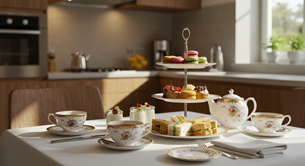 Sunlit Kitchen Table Set for Afternoon Tea with Delicate Treats and Fine China