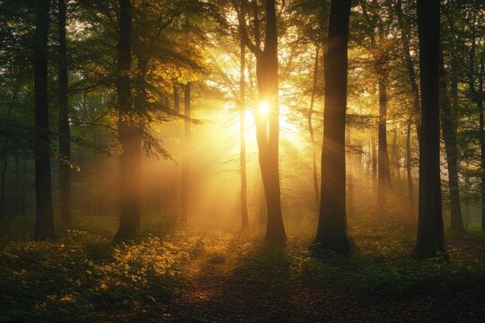 Tranquil woodland bathed in golden sunlight, early morning forest with glowing foliage