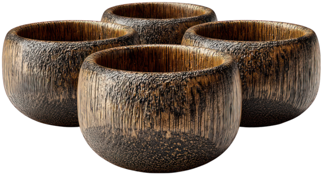 Four textured wooden cups, circular form