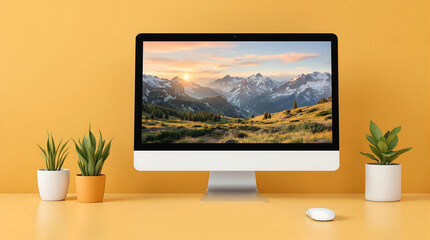 Desktop computer with mountain landscape wallpaper and plants on yellow desk for home office setup view