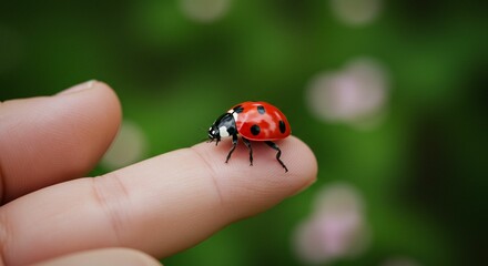 Fototapeta premium Ladybug on fingertip macro