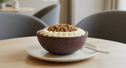 Indulge in a vibrant Acai bowl, topped with granola and fresh banana slices, a perfect healthy breakfast or snack.