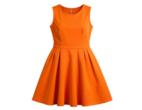  Sleeveless orange midi dress with pleated skirt, front view flat lay, isolated on transparent background PNG 