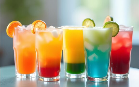 Colorful layered drinks in glasses refreshing beverage image for summer marketing. High quality