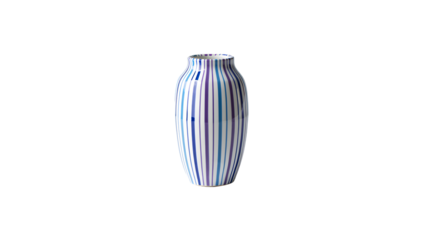 Ceramic vase with vertical blue and purple stripes isolated on a transparent background