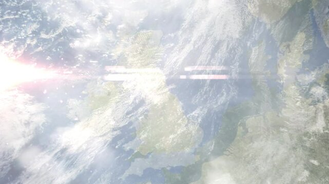 Earth zoom in from space and focus on Spennymoor, England, North East England, Great Britain. Background for travel intro or blog. Satellite view. 3D style Animation. Images from NASA.