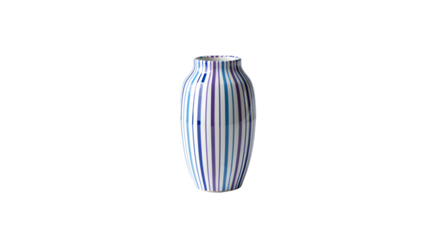 Ceramic vase with vertical blue and purple stripes isolated on a transparent background
