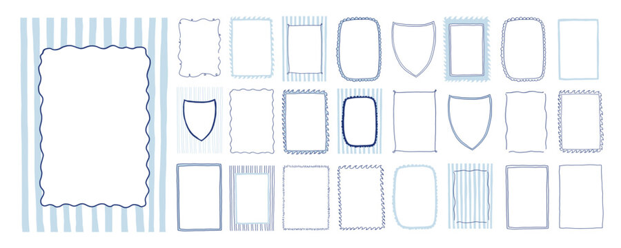 Coastal wedding whimsical frames set. Mediterranean seaside summer borders. Vintage hand drawn coquette line art doodle. Vector illustration