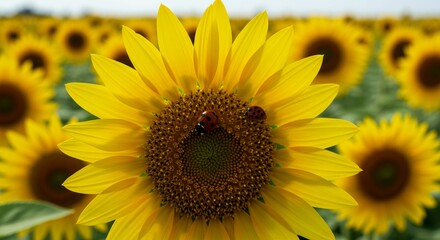 Fototapeta premium Ladybugs on sunflower in field