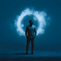 A silhouetted figure stands before a floating holographic pie chart