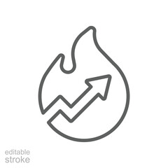 Trending Now Editable Stroke Icon. Outline Fire and Up Arrow Icon Representing Viral Trend, Hot Growth, and Popular Data in Thin Line Style for Business, Marketing, and Digital Media