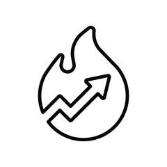 Trending Now Outline Icon. Fire and Up Arrow Icon Representing Viral Growth, Popular Trend, and Market Buzz in Thin Line Style