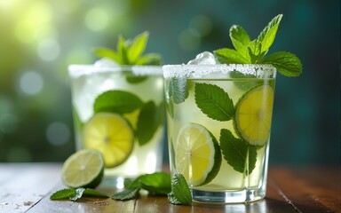 Two Mojitos wiith sugar rim and fresh mint. High quality