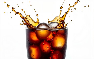 Refreshing splash of cola with ice cubes, perfect for summer drinks or beverage promotions. High quality