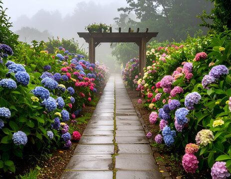 Misty Garden Path Hydrangeas, Flowers, and a Wooden Arbor
