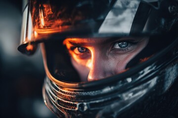 Fototapeta premium Intense focus of a racing driver in a helmet before the competition begins