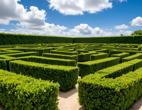 Enchanted Hedge Maze A Serene Garden Labyrinth Under a Summer Sky - Powered by Adobe