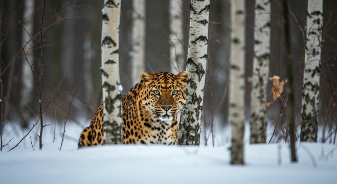 Leopard in snowy birch forest