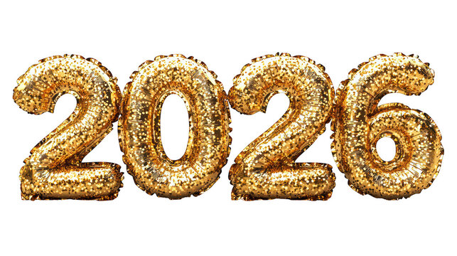 Glitzy gold '2026' balloons on a black background