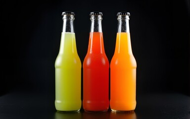 Three Colorful Soda Bottles on Dark Background. High quality