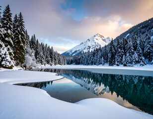 Frozen Lake Serenity Winter Wonderland Reflection of Snowy Trees and Mountains