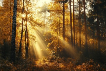 Obraz premium Sunlight shining through golden trees, magical atmosphere in early fall