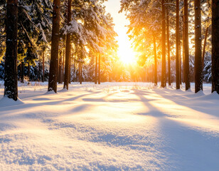 Sunrise in a Snowy Forest Golden Rays Illuminating Winter Wonderland