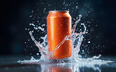 Sparkling beverage can exploding with refreshing water splash. High quality