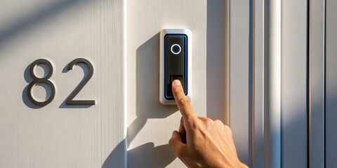 Smart doorbell being activated by a hand press.