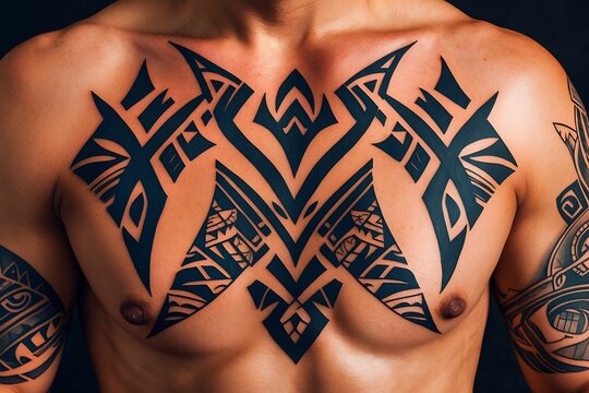 Man with tribal tattoos on chest and arms close up - Powered by Adobe
