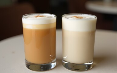 Two creamy drinks in glasses on table. High quality