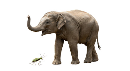 Young Elephant and Tiny Insect on White Background.