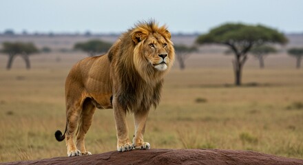 Lion on rock outcrop in savanna