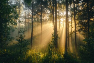 Obraz premium Summer morning forest landscape, gentle fog and warm beams of light through tall trees