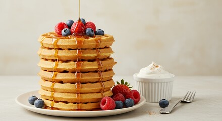 Golden Waffles Topped with Berries and Drizzled in Syrup, a Delightful Breakfast