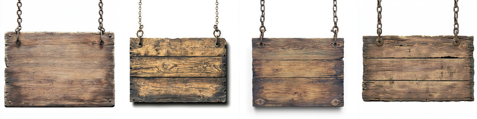 wooden sign hanging chain on white background.